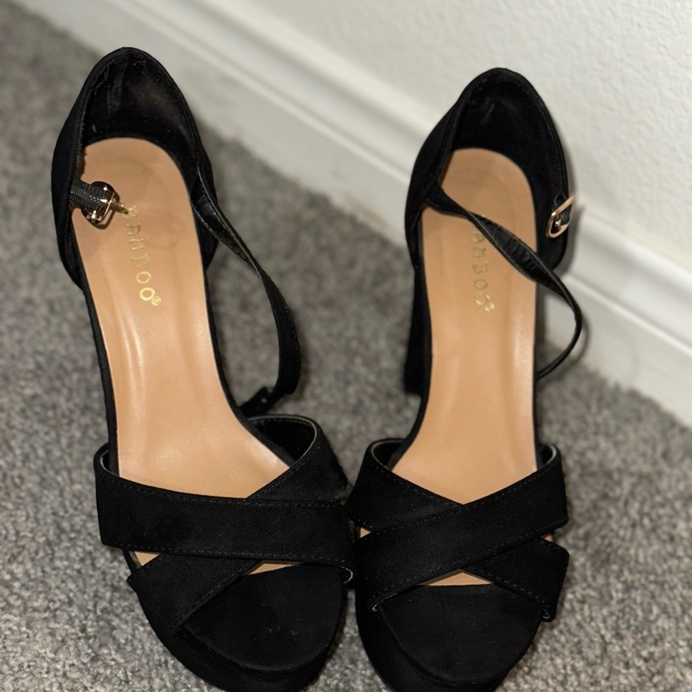 BAMBOO Black Cross-Strap Women's Heels